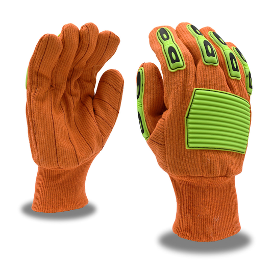 6 Pair Canvas Gloves: Hi Vis Corded Double Palm Knit Wrist Canvas Gloves With Thermoplastic Rubber