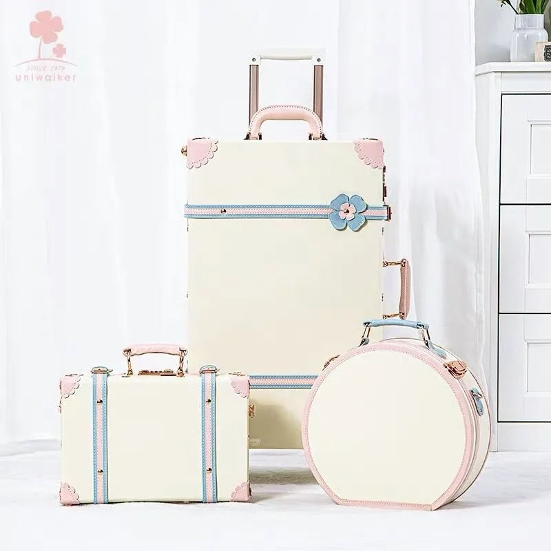 New Fashion Floral PU Travel Bag Rolling Luggage sets,13"20"22"24"26" inch Women Retro Trolley Suitcase with Universal Wheels