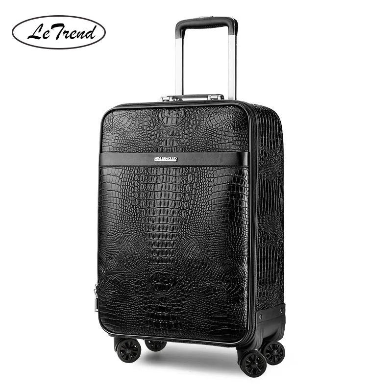 LeTrend Retro Crocodile Rolling Luggage Spinner Men Business Trolley Suitcase Wheels 16 inch PU Leather Cabin Travel Bag Trunk