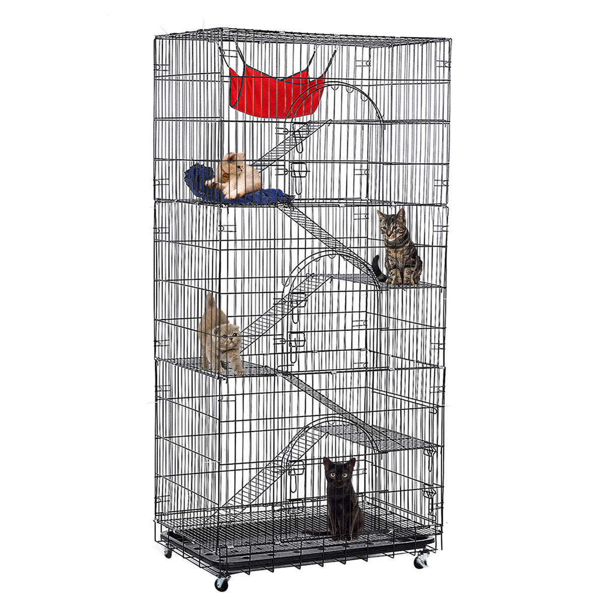 PawGiant Oversized 6 Tier Cat Cage 77" Tall 1-5 Cats w/Hammock, Cat Bed & 5 Ramp Ladders 5 Platforms 3 Front Door Tray Cat Litter Playpen Cat House Pet Pen