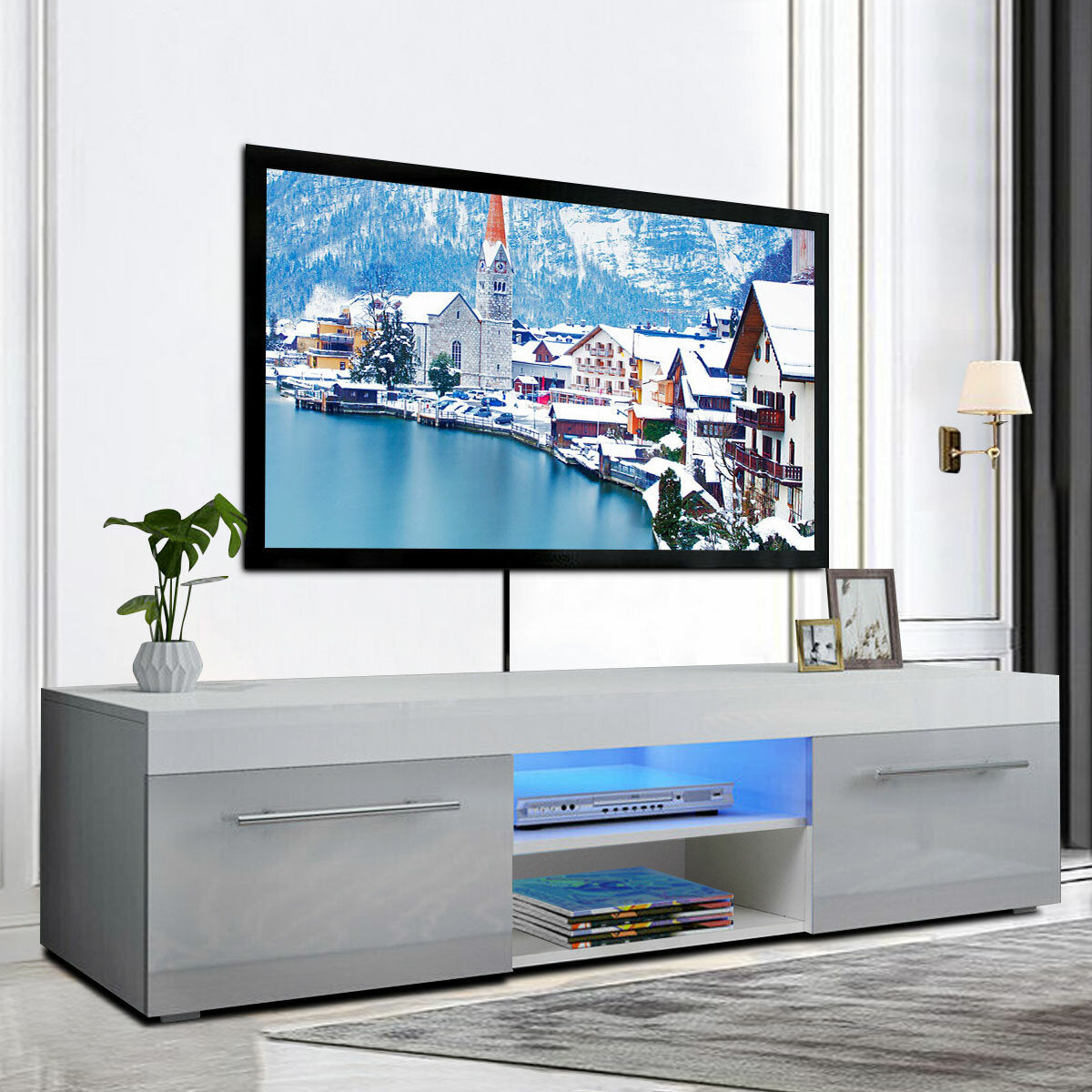 Woodyhome 51" High Gloss TV Stand with LED Lights 2 Drawers Cabinet Modern Storage Holder Entertainment for Home Living Room