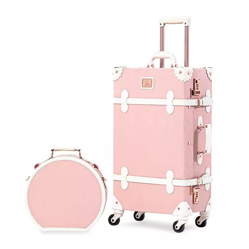 New Fashion Floral PU Travel Bag Rolling Luggage sets,13"20"22"24"26" inch Women Retro Trolley Suitcase with Universal Wheels