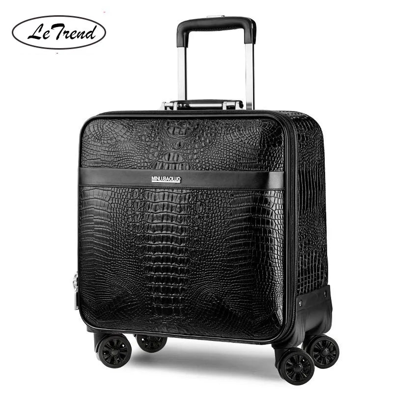 LeTrend Retro Crocodile Rolling Luggage Spinner Men Business Trolley Suitcase Wheels 16 inch PU Leather Cabin Travel Bag Trunk