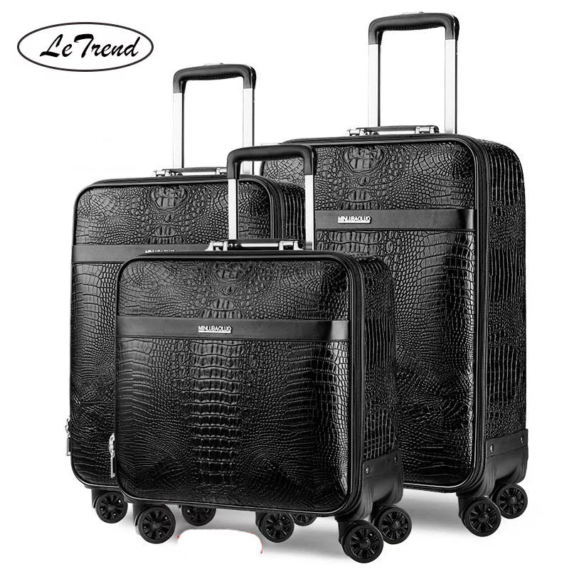 LeTrend Retro Crocodile Rolling Luggage Spinner Men Business Trolley Suitcase Wheels 16 inch PU Leather Cabin Travel Bag Trunk