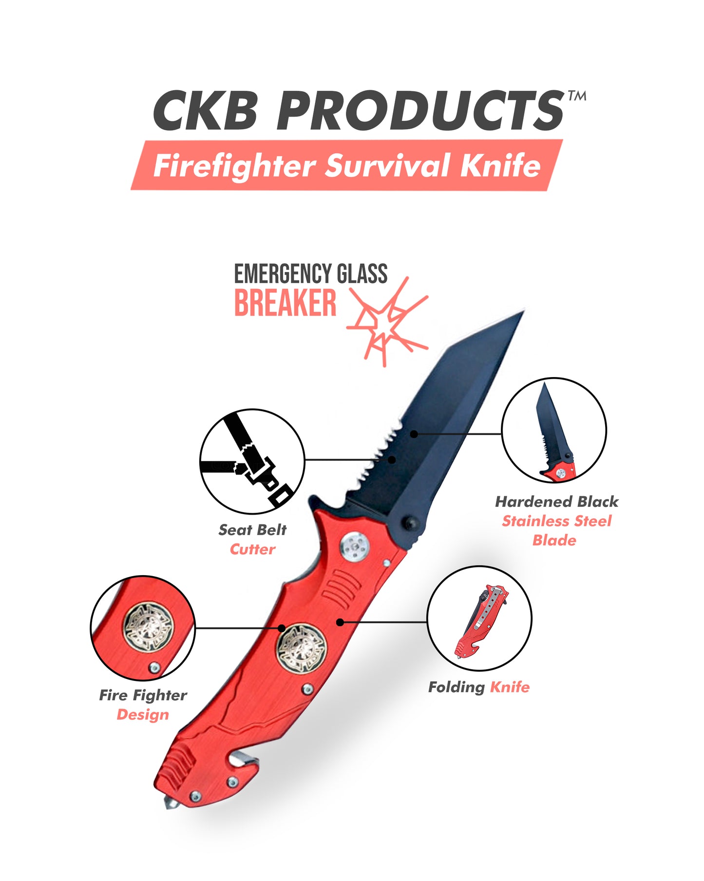Folding Fire Fighter Knife - Firefighter Design - 3" Black Steel Blade