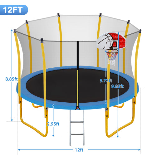 12FT Trampoline for Kids with Safety Enclosure Net Basketball Hoop