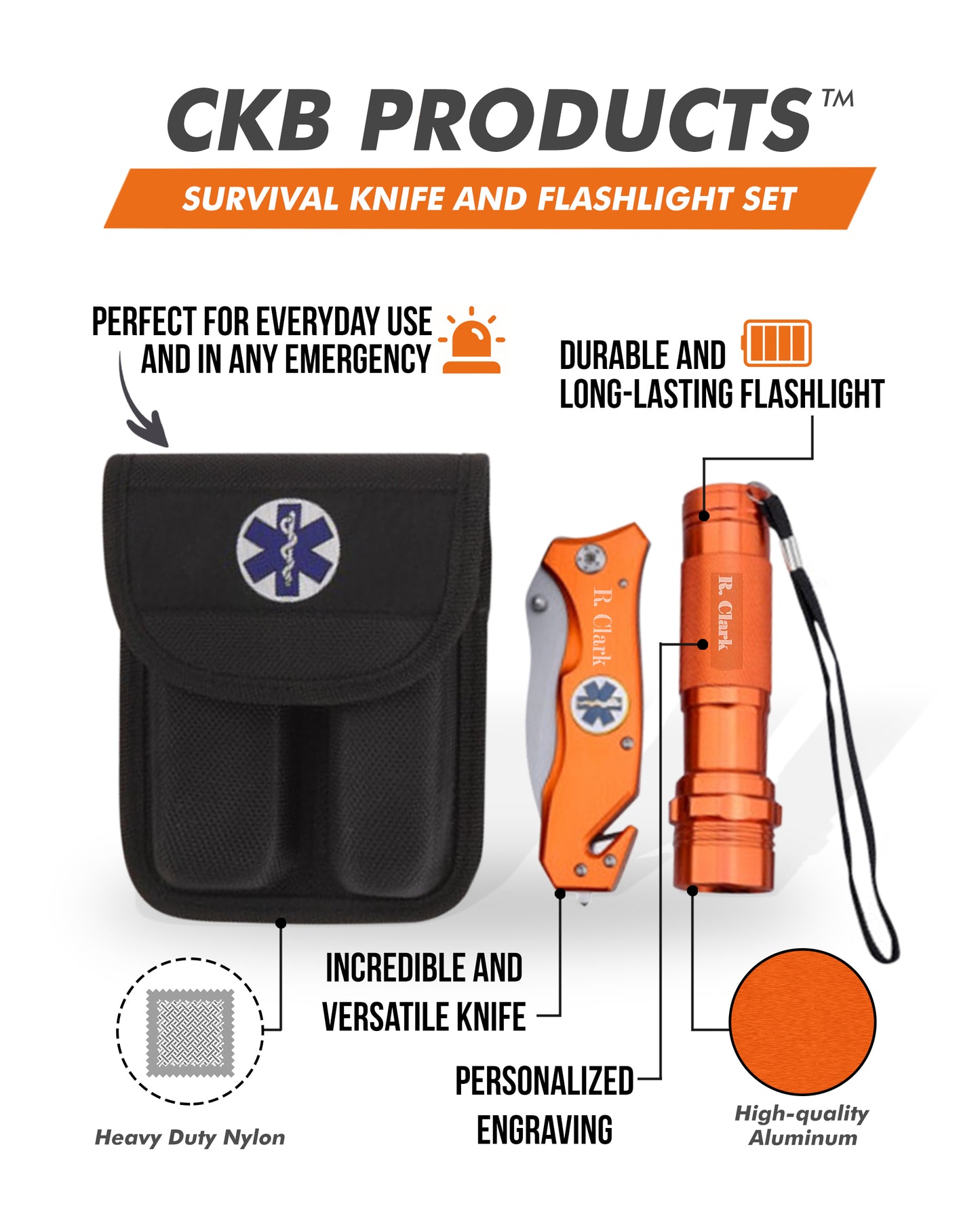 Survival Knife and Flashlight - Orange Finish - Emergency - LED Light